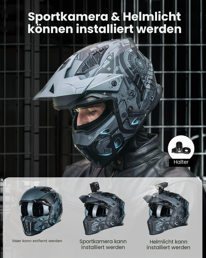 ILM Helm Motorrad Motocross Herren Damen Vintage Retro mit Visier ECE Model Z302,SciFiBlau,S S SciFi