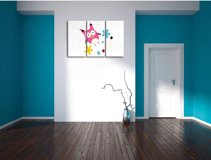 Pixxprint Fliegende Eule mit Blumen als Leinwandbild/Grösse: 3 Teilig (120x80) cm/Wandbild/Kunstdruc