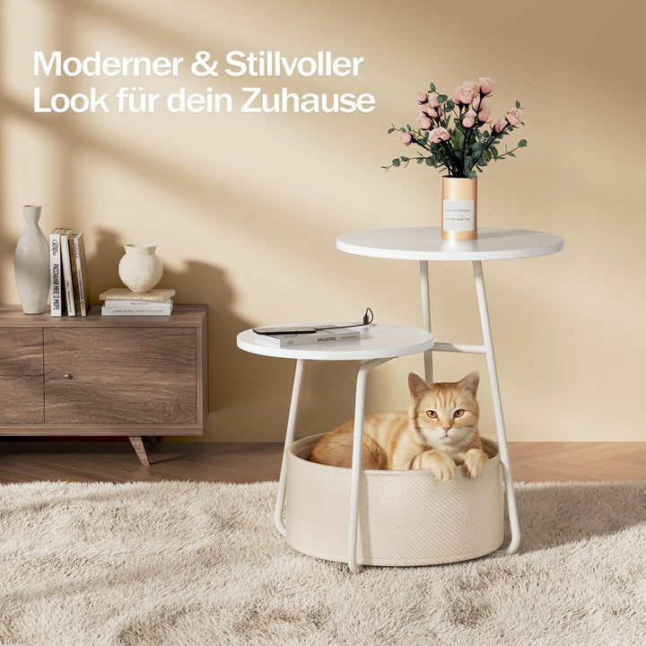 Rolanstar Beistelltisch Rund, Kleiner Tisch mit Ladestation, Runder Couchtisch mit grossem Stoffkorb