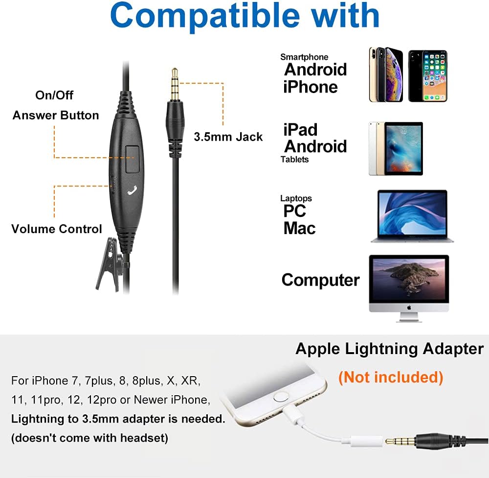 PC Headset Handy mit Mikrofon & Lautstärkeregler, PC Kopfhörer 3,5mm Klinke für iPhone Laptop Tablet