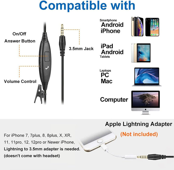 PC Headset Handy mit Mikrofon & Lautstärkeregler, PC Kopfhörer 3,5mm Klinke für iPhone Laptop Tablet