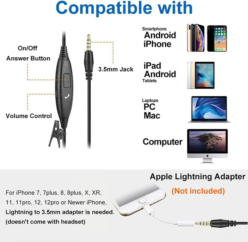 PC Headset Handy mit Mikrofon & Lautstärkeregler, PC Kopfhörer 3,5mm Klinke für iPhone Laptop Tablet