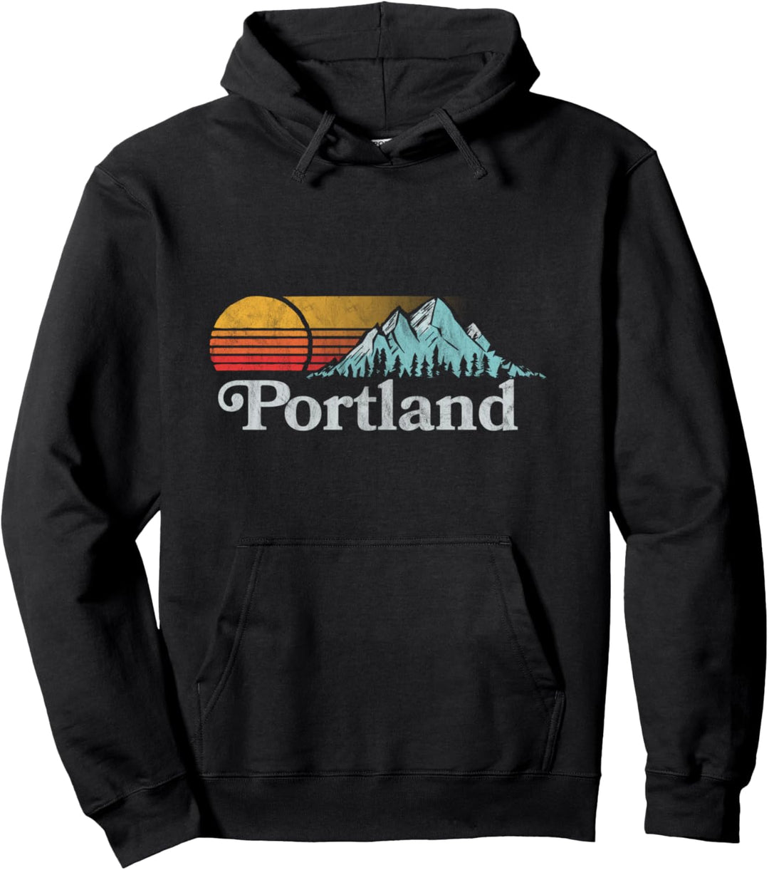 Portland, Oregon Vintage Mountain Sunset 80s Retro Pullover Hoodie