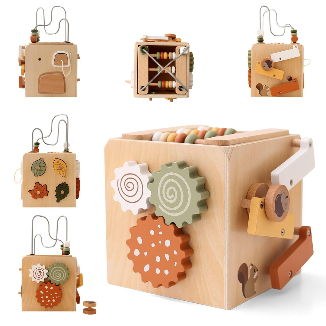 WOODEN TEETHER Montessori Motorikwürfel holzspielzeug Montessori Spielzeug 6 in 1（Naturholzfarbe Akt
