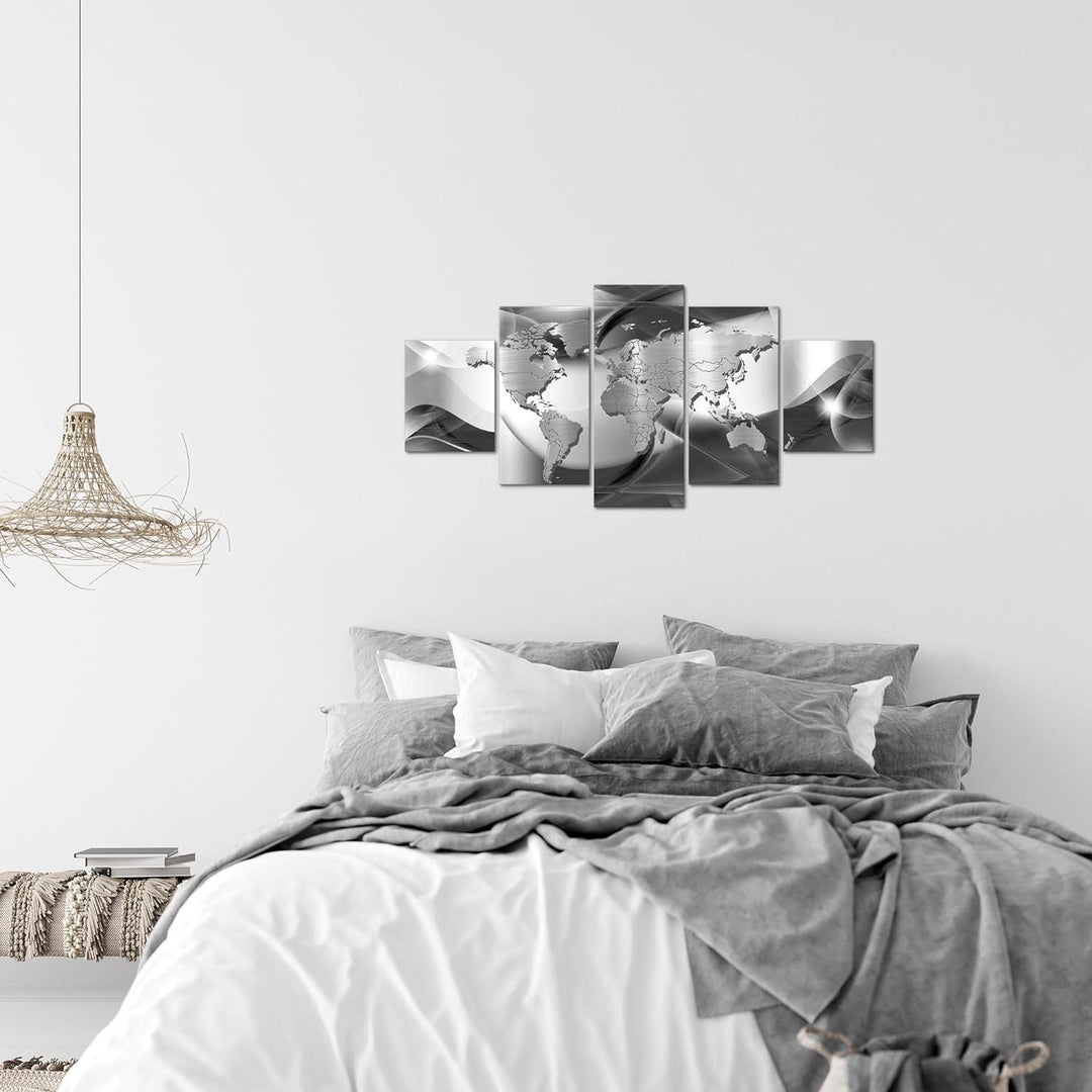 Runa Art Wandbilder Weltkarte 5 Teilig Bild auf Vlies Leinwand Deko Büro Wohnzimmer Abstrakt Schwarz