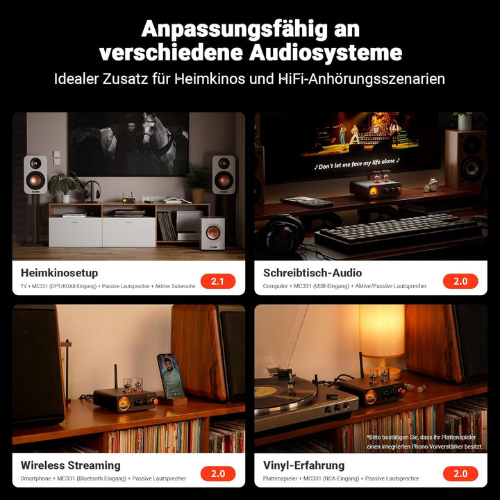 Fosi Audio MC331 Röhrenvollverstärker mit DAC, 2 Kanal Heim Stereo Audio Verstärker für HiFi Regalla