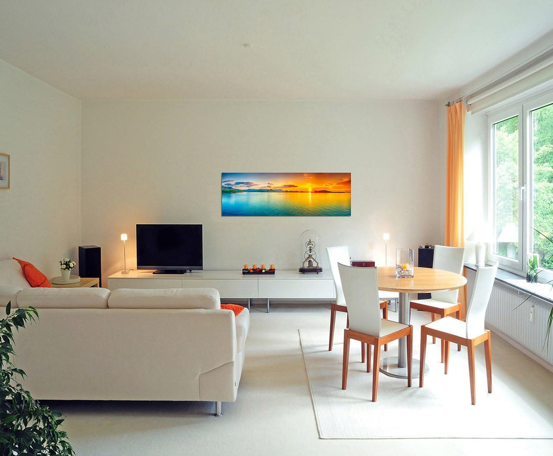 Augenblicke Wandbilder Leinwandbild als Panorama in 150x50cm Meer Hügel Sonnenaufgang Wolkenschleier