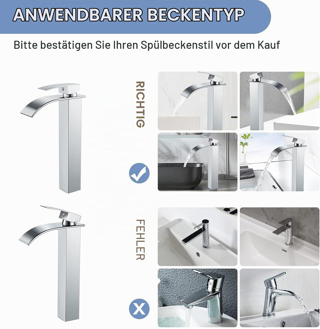 kisimixer Modern Wasserfall Wasserhahn Bad Hoch, Waschtischarmatur Hoch Wasserfall Aufsatzwaschbecke