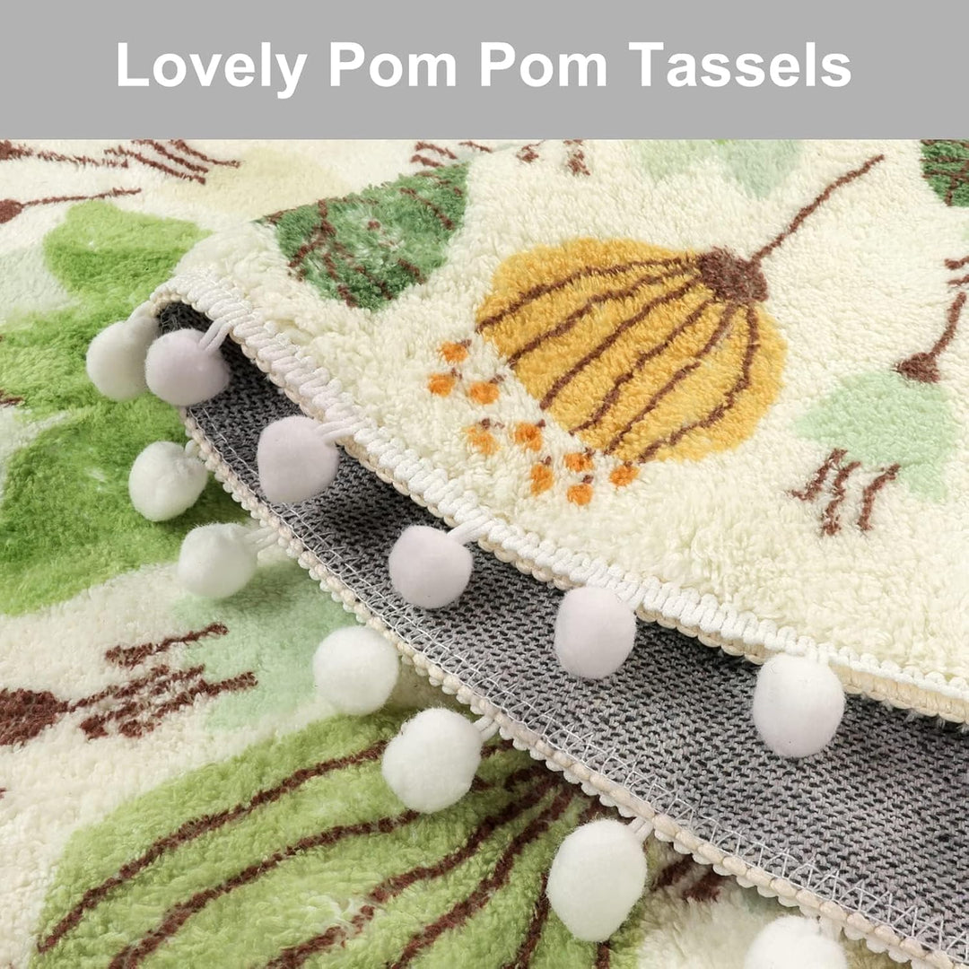 Uphome Kleiner runder Teppich, 60 cm Kreis, niedliche Badematte mit Pompons, Fransen, Blumenpflanze,