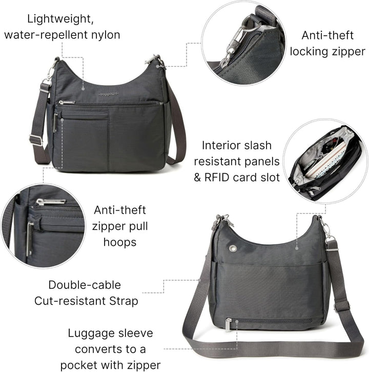 Baggallini Damen Securtex Anti-diebstahl-umhängetasche Crossbody Anthrazit, Anthrazit