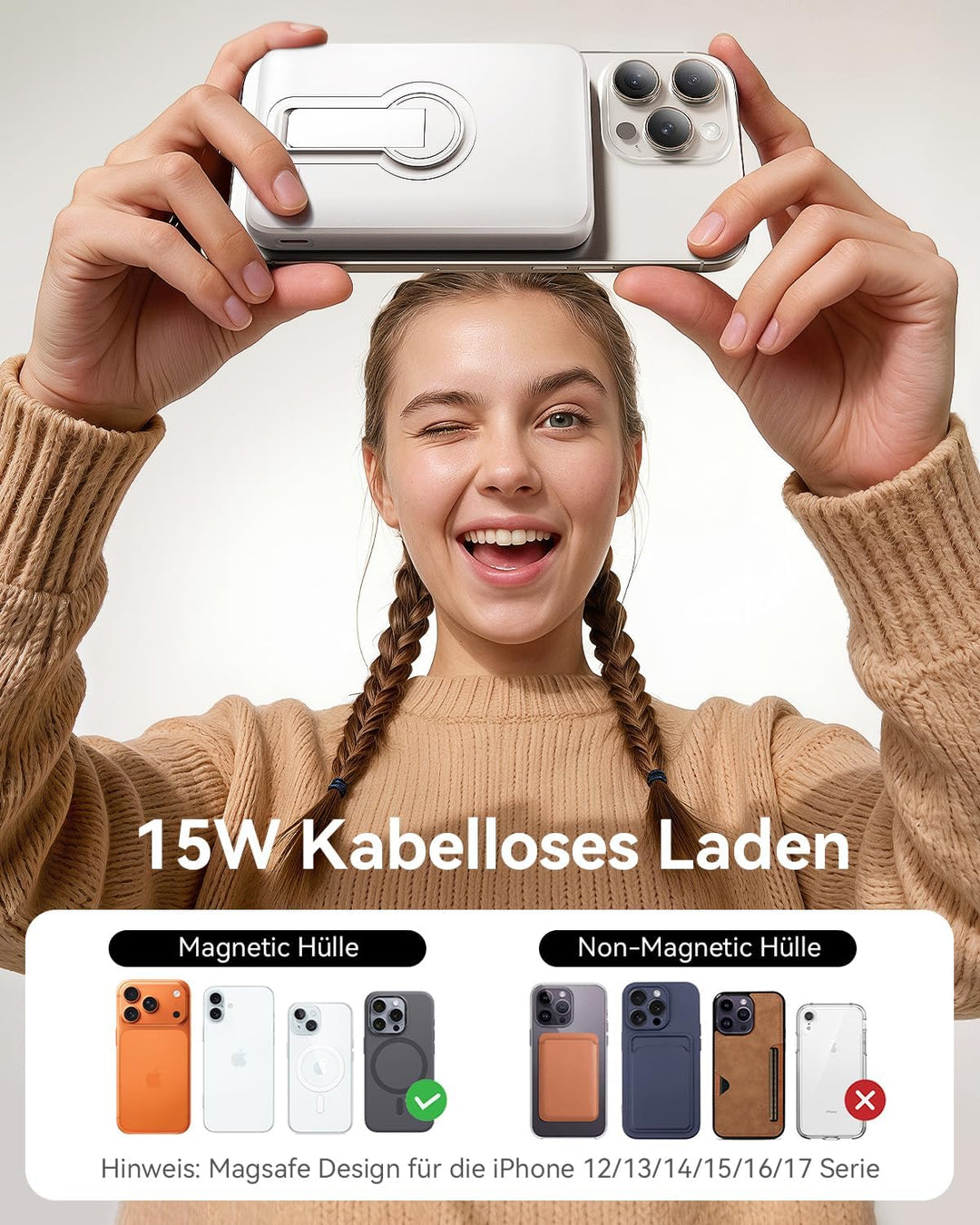 Powerbank für Magsafe, 12000mAh Kabelloses Power Bank mit 22.5W PD USB-A Ausgabe, Magnetische Extern