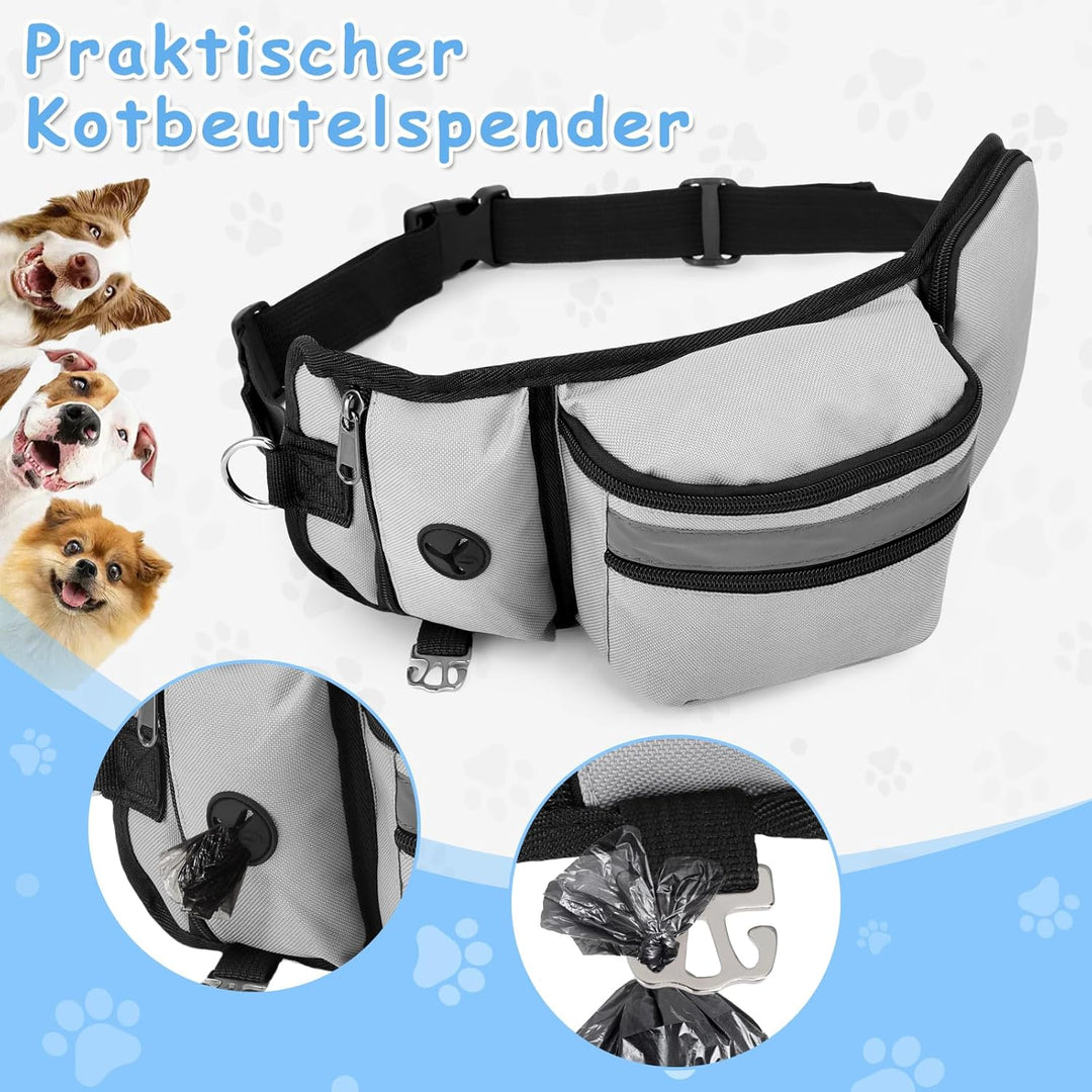 Leckerlibeutel Hundetraining, Robuste Bauchtasche mit Kotbeutelspender, Flaschenhalter, Reflektor &