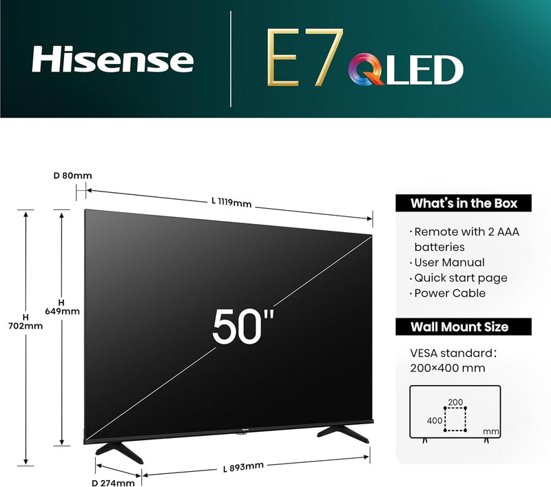 Hisense 50E7NQ 126 cm (50 Zoll) Fernseher, 4K UHD, QLED, HDR10, HDR10+ decoding, HLG, Dolby Vision A