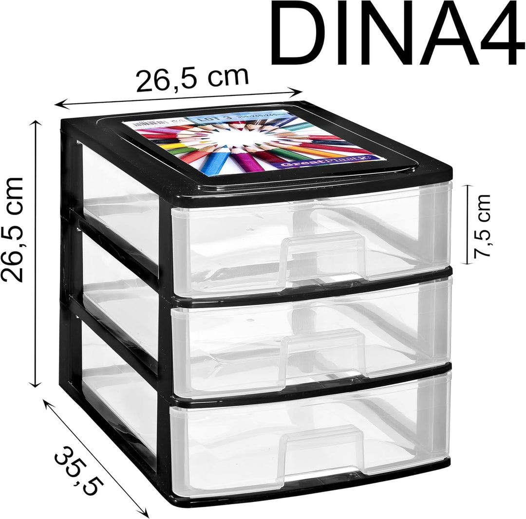 Hummelladen Schubladenbox DIN A4 mit 3 Schubladen 35,5x26,5x26,5 cm - schwarz-transparent Kunststoff