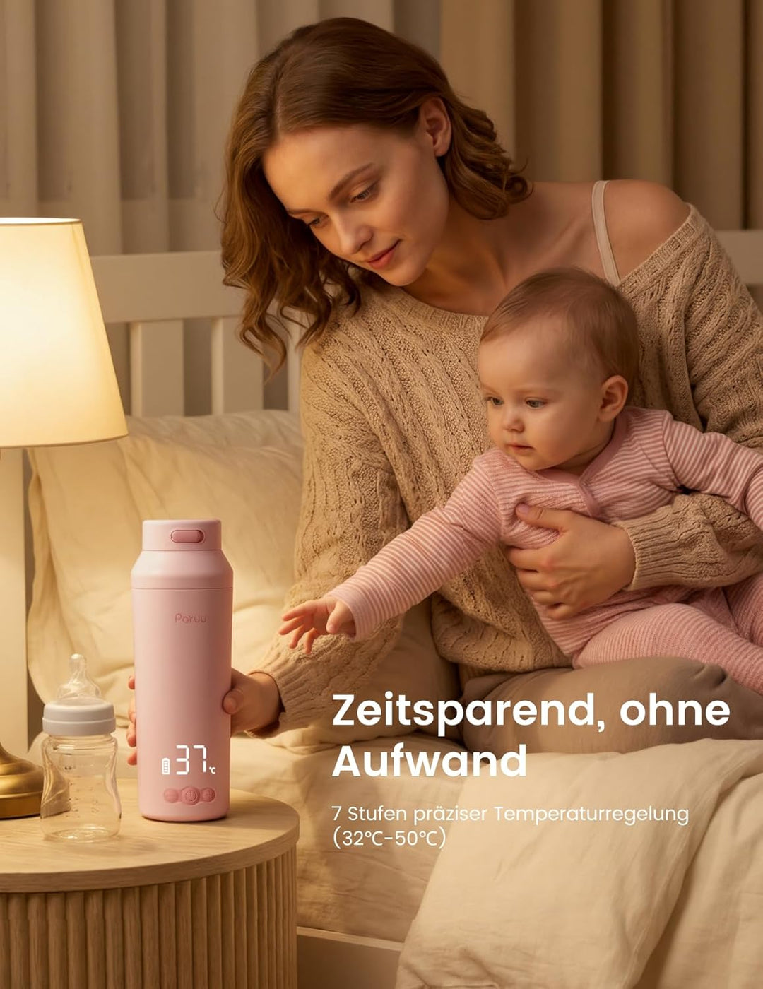 Paruu Tragbarer Flaschenwärmer Baby Unterwegs, Schnellaufheizen in 2 Min, 7-Stufige Temperaturregelu