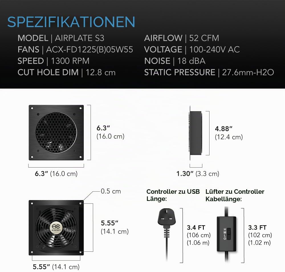 AC Infinity AIRPLATE S3, leises Kühllüftersystem 6" (16 cm) mit Geschwindigkeitssteuerung, für Heimk
