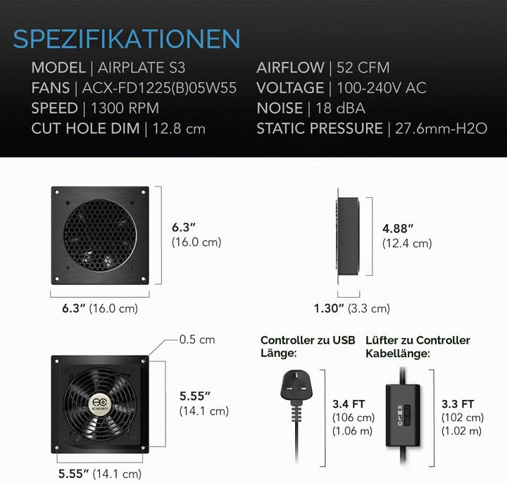 AC Infinity AIRPLATE S3, leises Kühllüftersystem 6" (16 cm) mit Geschwindigkeitssteuerung, für Heimk