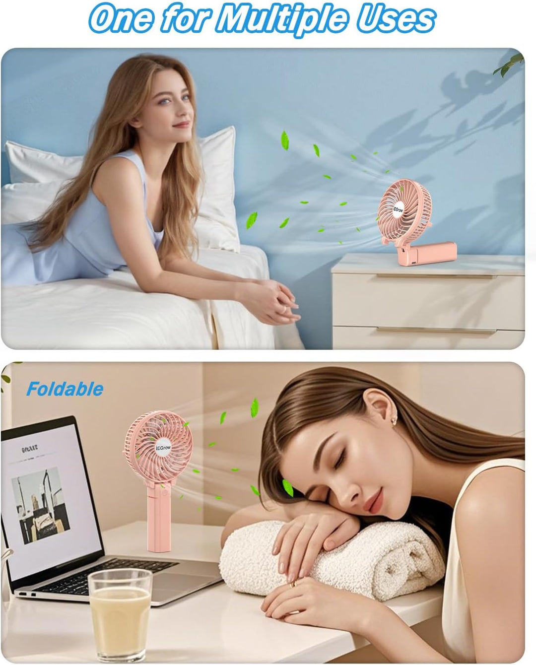 iEGrow Handventilator Tragbarer Mini Ventilatoren USB Wiederaufladbarer [2-9 Betriebsstunden] 3 Gesc