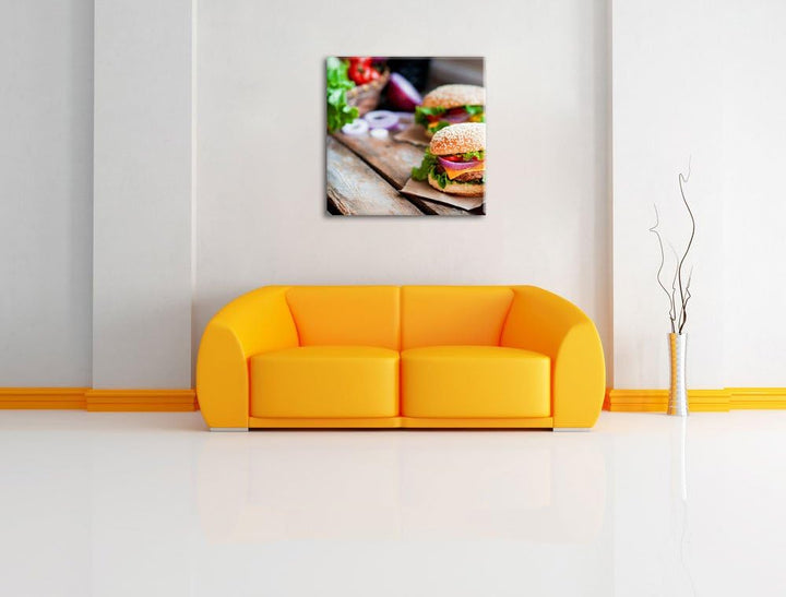 Pixxprint Leckere Burger, Format: 70x70 auf Leinwand, XXL riesige Bilder fertig gerahmt mit Keilrahm