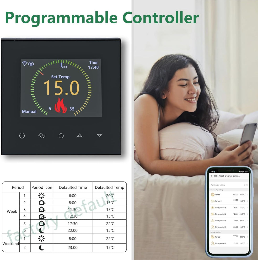 Wengart WiFi Smart Thermostat WG380 für Wasserfussbodenheizung – TFT-Farbdisplay &amp; Touch – 230V 3A –