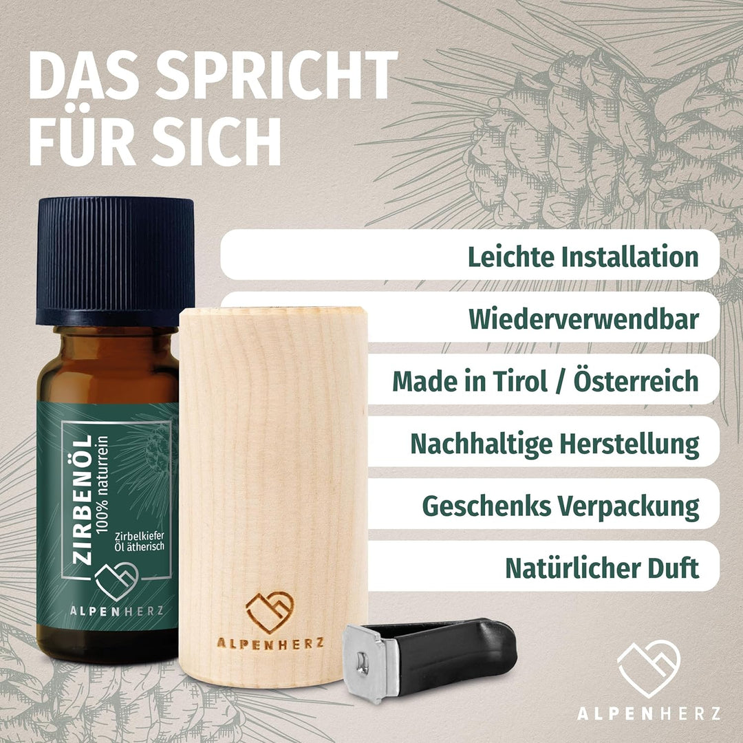 ALPEN HERZ Auto Lufterfrischer aus Zirbenholz wiederverwendbar Duftstecker Zirben Duft Geruchserfris