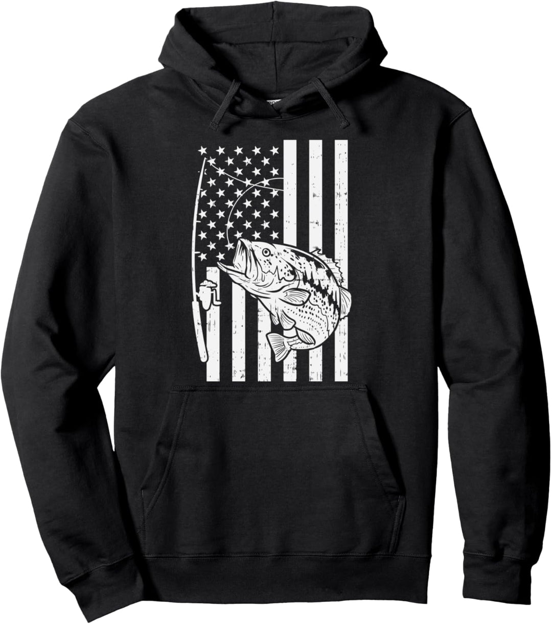 American Flag Bass Fishing Vintage Patriotic Fisherman Gift Pullover Hoodie