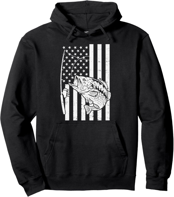 American Flag Bass Fishing Vintage Patriotic Fisherman Gift Pullover Hoodie