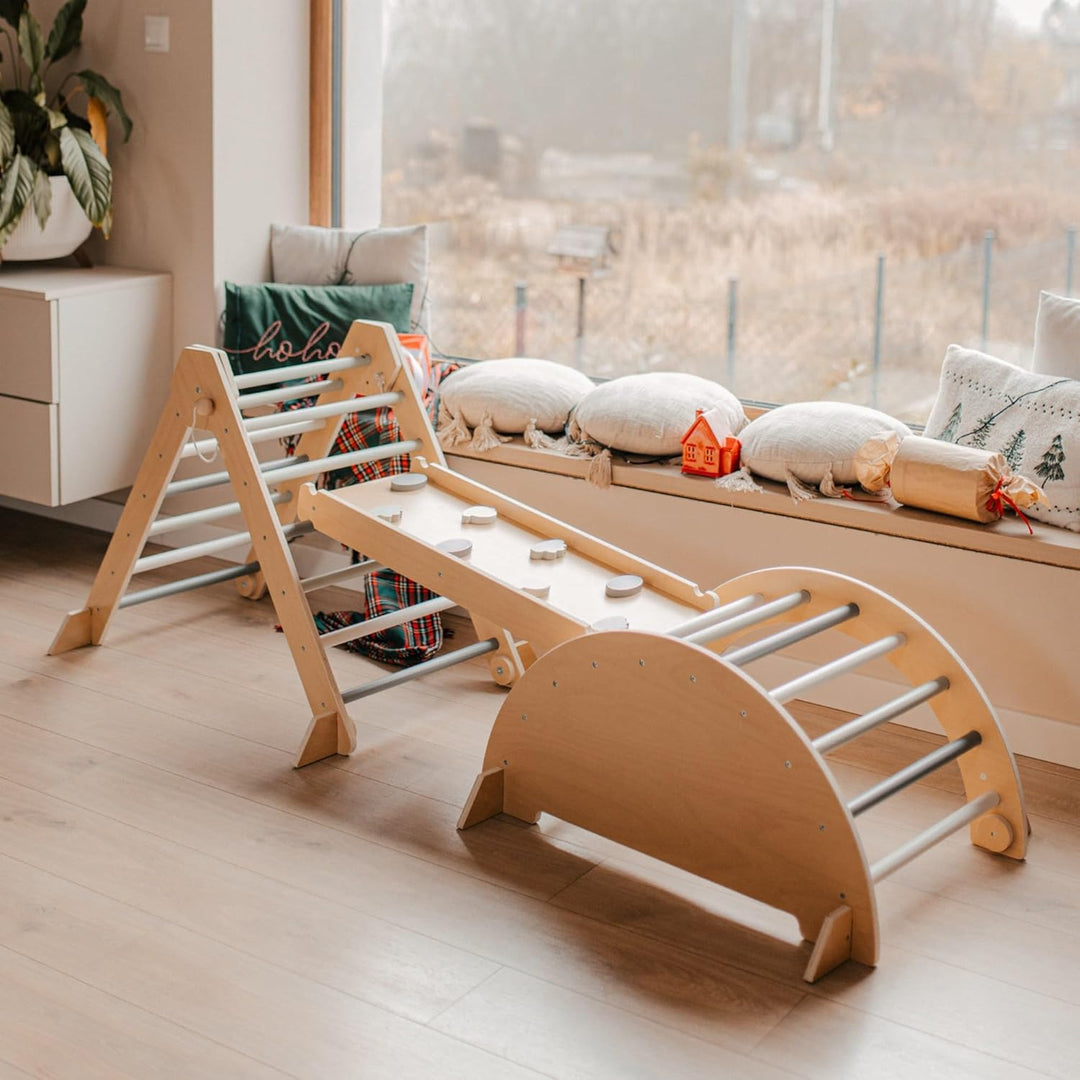 mamabrum Indoor Spielplatz Aus Holz Für Kinder – Pikler Dreieck, Kletterbogen, Rutsche Beidseitig –