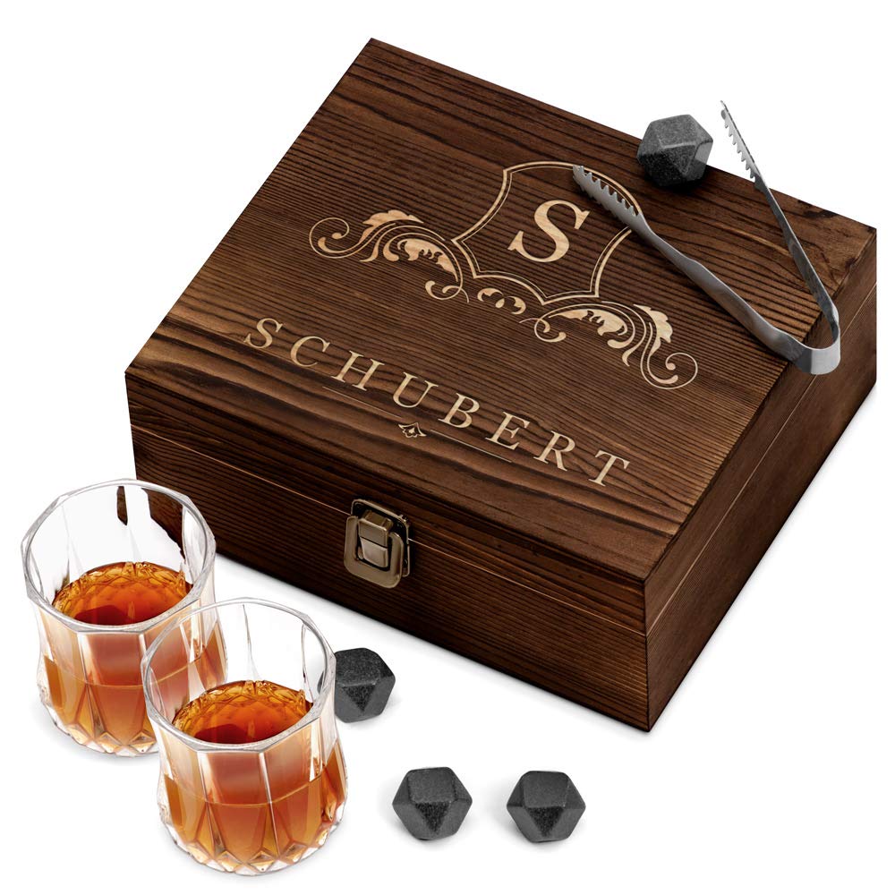 Maverton Whisky Steine Set - in Holzbox mit Gravur - 8 Eiswürfel & 2 Whisky Gläser - wiederverwendba