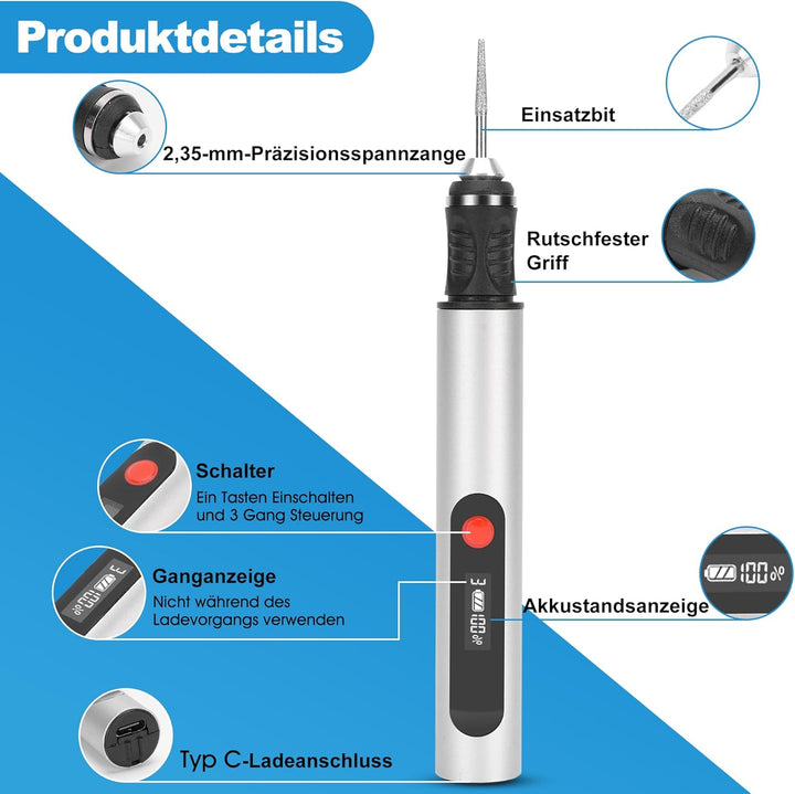 Elektrische Gravierstift Kit, Multifunktionaler Mini Graveur Gravurwerkzeug mit 3 Gängen und 21000 r