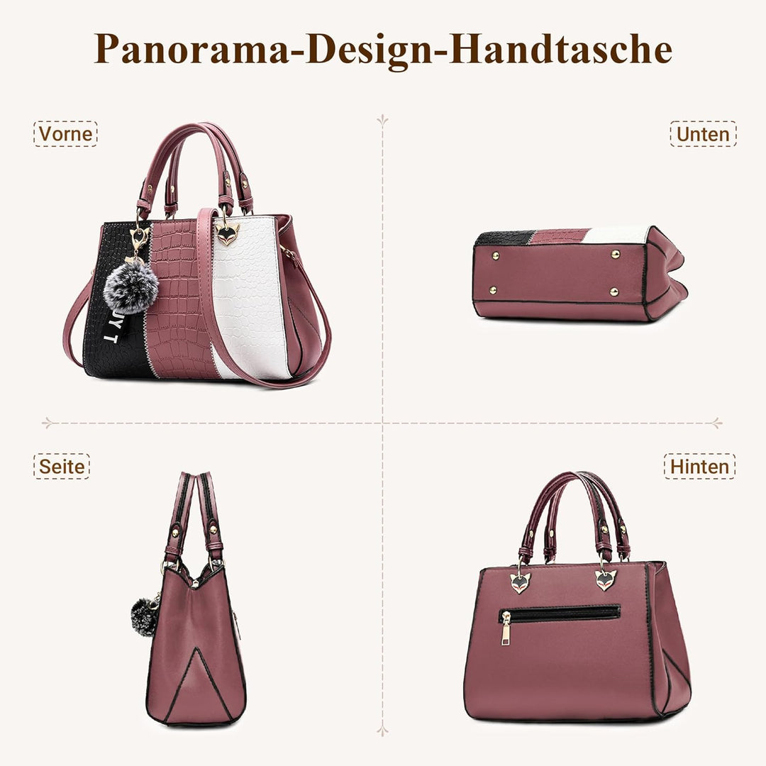 DIRRONA Damen Handtasche, PU Leder Handtasche mit Farbblock-Design und elegantem Anhänger, stilvolle
