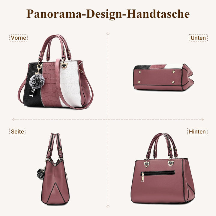 DIRRONA Damen Handtasche, PU Leder Handtasche mit Farbblock-Design und elegantem Anhänger, stilvolle