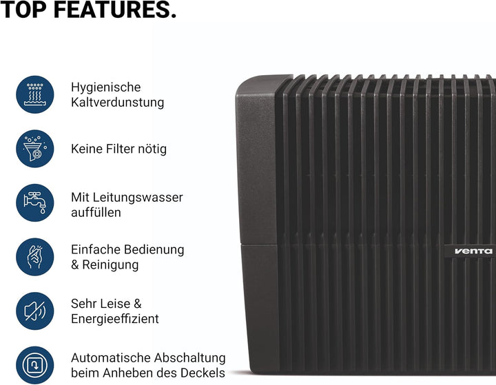 Venta Luftbefeuchter LW45 Classic Original, sehr leise 20 dB(A), energieeffizient 2 Watt, hygienisch