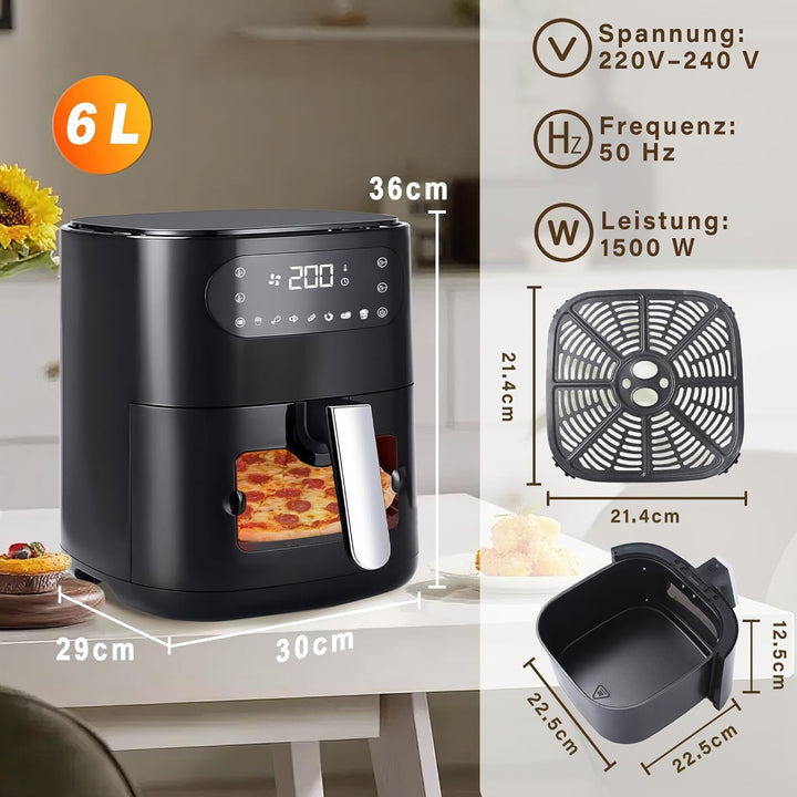 Citybee 6L Heissluftfritteuse mit beleuchtetem Sichtfenster - Extra Leiser Airfryer, 7 Programme & T