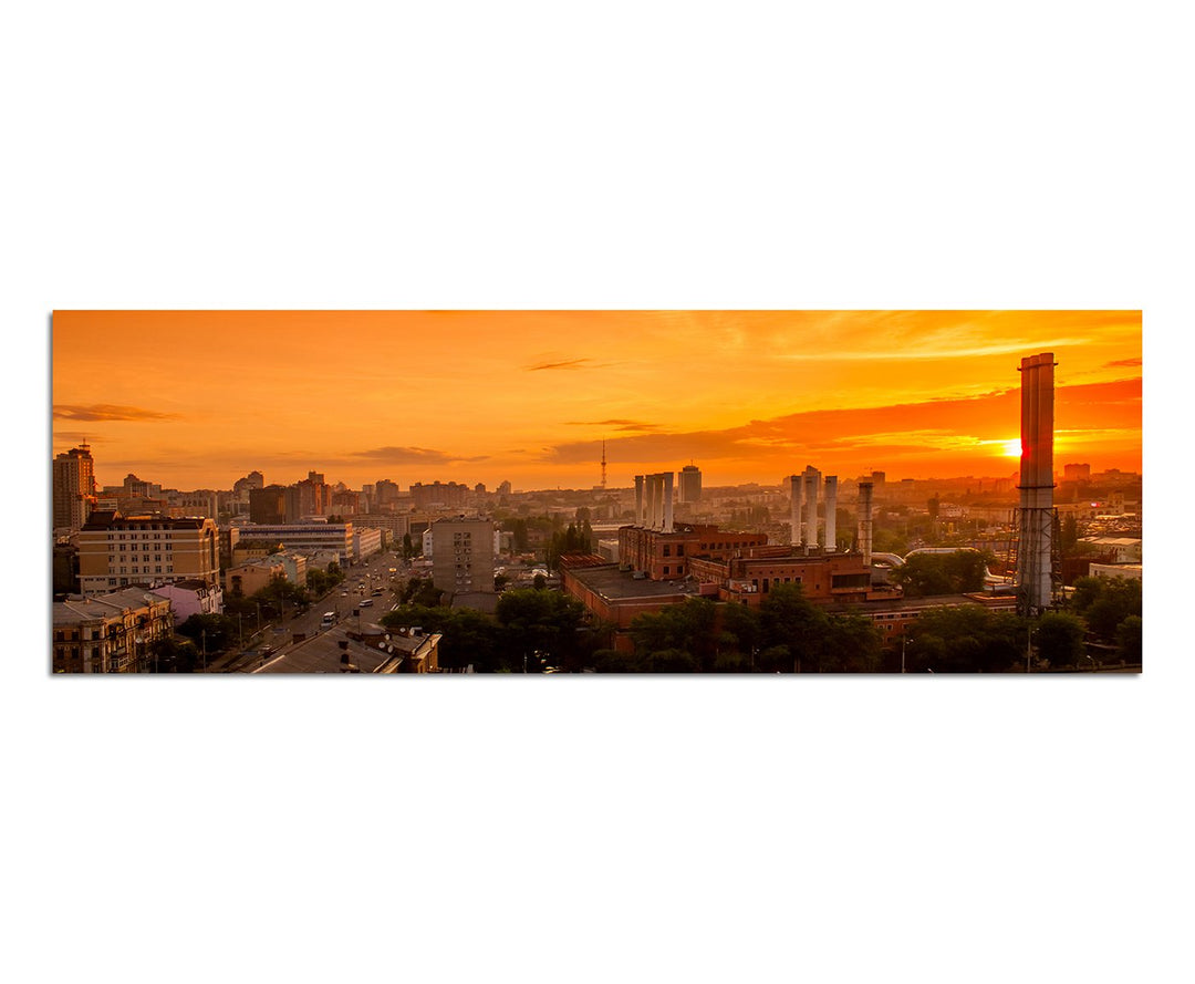 Paul Sinus Art Panoramabild auf Leinwand und Keilrahmen 150x50cm Stadt Gebäude Türme Sonnenuntergang