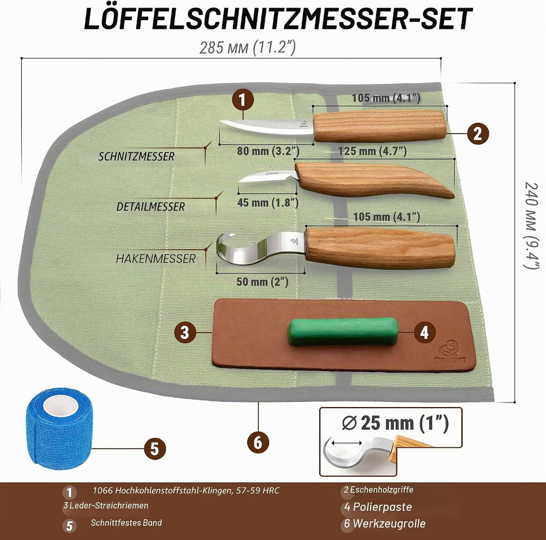 BeaverCraft S13L Holzschnitzerei Werkzeuge Set für Löffelschnitzen 3 Messer in Werkzeugsrolle Abzieh