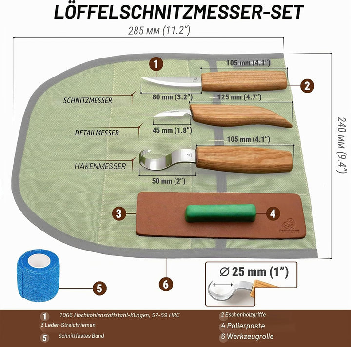 BeaverCraft S13L Holzschnitzerei Werkzeuge Set für Löffelschnitzen 3 Messer in Werkzeugsrolle Abzieh