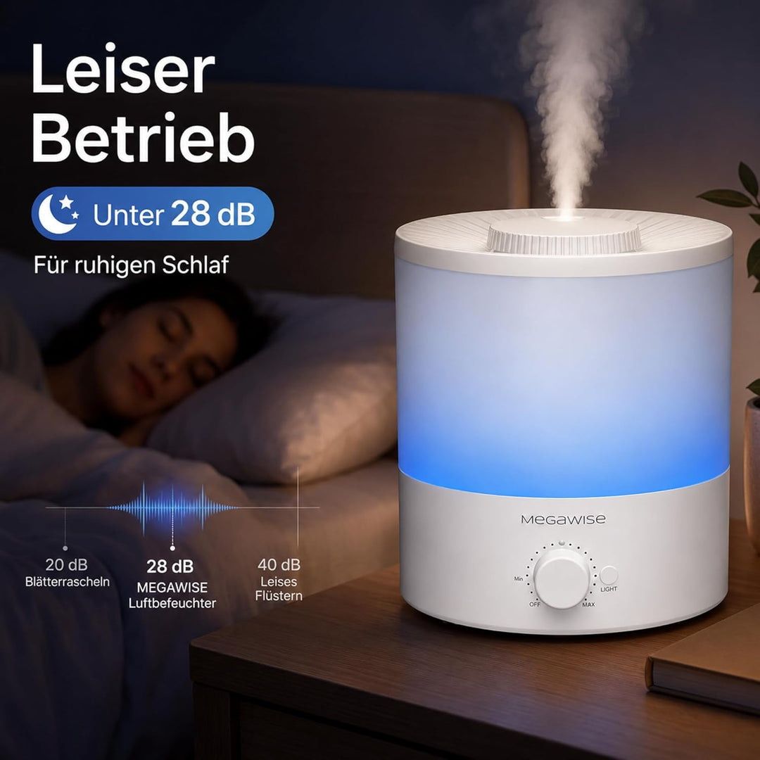MEGAWISE Luftbefeuchter, Extrem Leiser Luftverteiler Mit 25 dB, Mehrere Sprühstufen, für ätherische