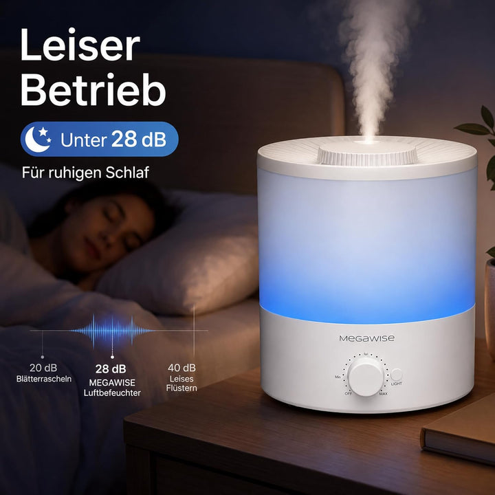MEGAWISE Luftbefeuchter, Extrem Leiser Luftverteiler Mit 25 dB, Mehrere Sprühstufen, für ätherische