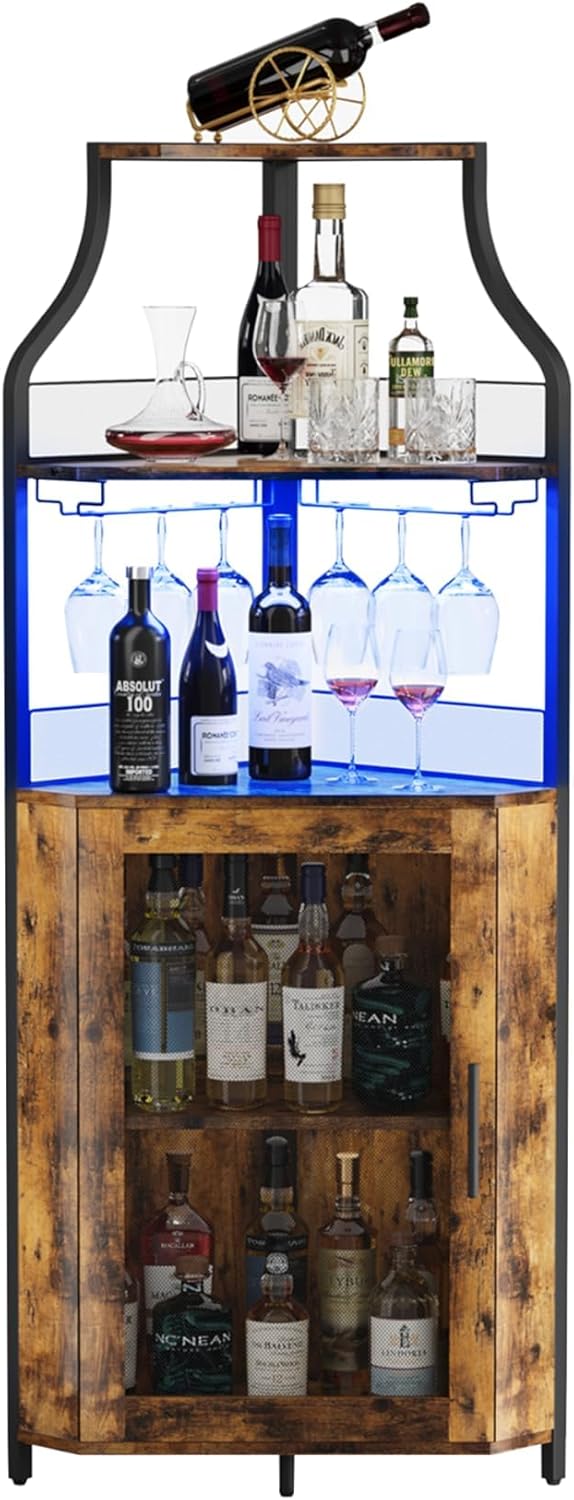 Eck-Weinregal, 5 Etagen Weinregal Freistehender mit Glashalter and Weinaufbewahrung, industrielles W