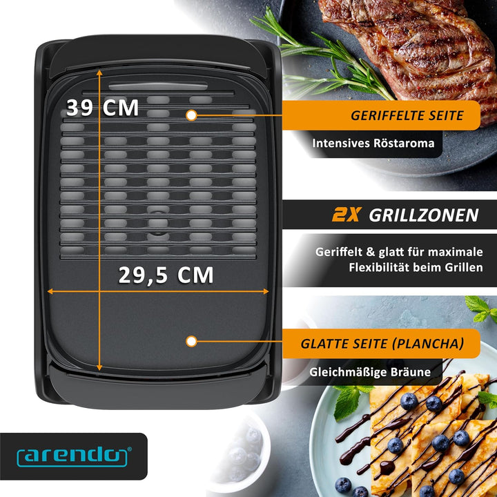 Arendo - Tischgrill Elektrogrill Edelstahl - mit Glasdeckel – extrastark 2000 Watt - Steaks, Würstch