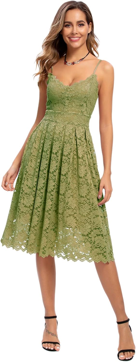 Atnlewhi Damen Vintage ärmellosen V-Ausschnitt A-Linie Kleid Blumen Knielang Spitzenkleid Brautjungf