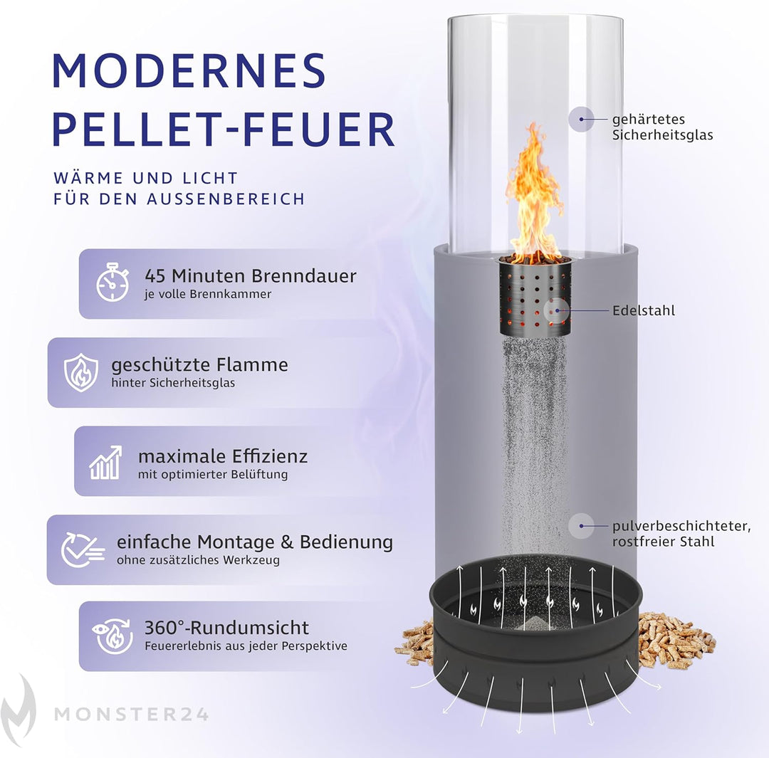 Monster24 Standkamin, rund, freistehend, 87 x 27 x 27 cm, Pellet Terrassenheizer für Outdoor, Terras