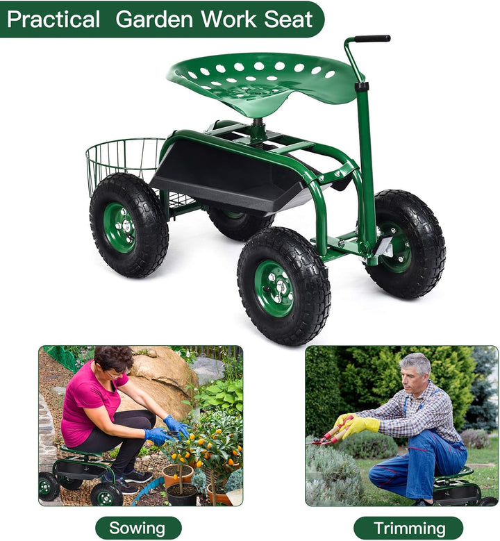 RELAX4LIFE Rollsitz mit Ablage Korb, Gartensitz mit Ausziehbarem Griff 4 Rädern, Gartenrollsitz Fahr