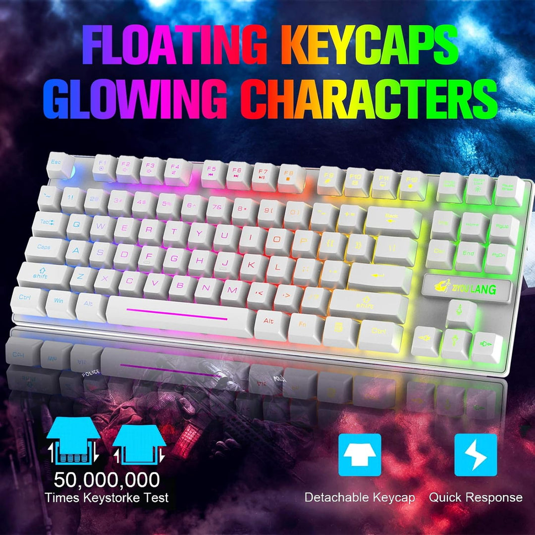 Kabellose Gaming-Tastatur und Maus, 87 Tasten, Regenbogen-LED-Hintergrundbeleuchtung, wiederaufladba