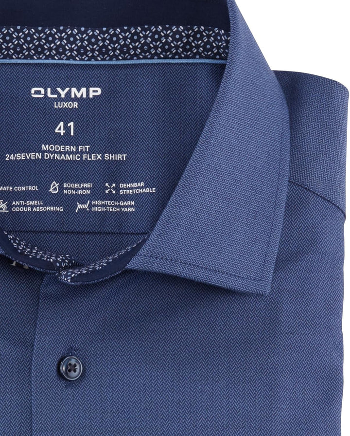 OLYMP Herren Oberhemd Langarm Luxor.24.Seven,Fischgrat,modern fit,Global Kent 45 Marine 18, 45 Marin