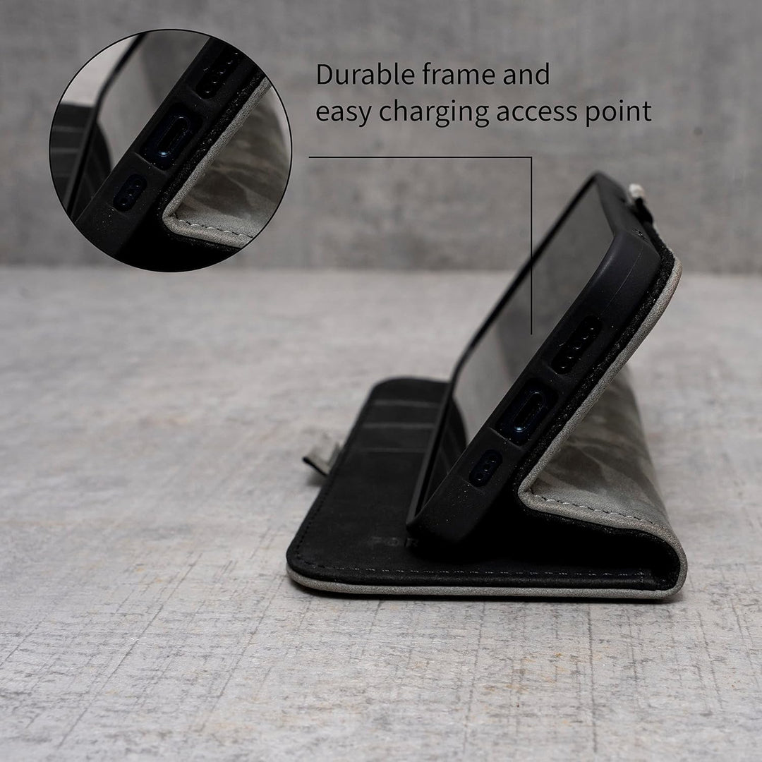 Porter Riley - Lederhülle für iPhone 14 Pro. Premium Echtleder Standhülle/Ledertasche/Brieftasche mi
