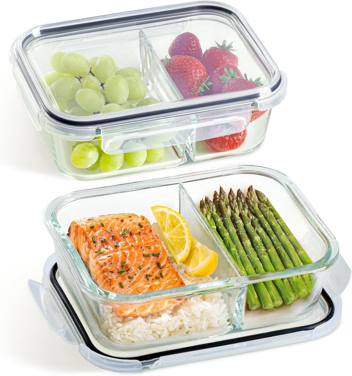 Meal Prep Boxen Glas 2 Fächer - 4er Set Glass Meal Prep Containers 1l - Luftdicht - Geeignet für Spü