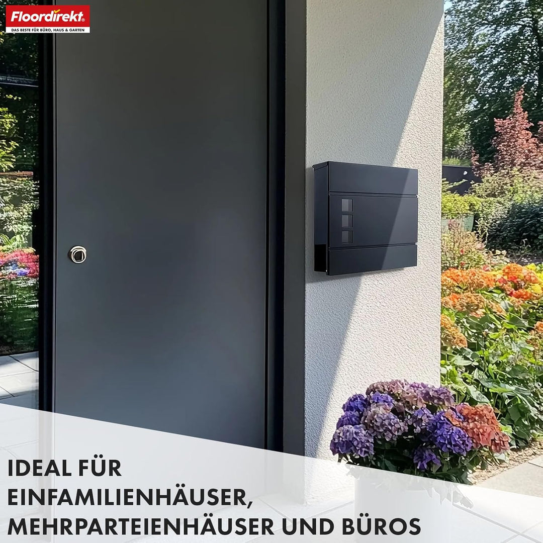 Floordirekt Moderner Briefkasten, mit Zeitungshalter, Deckel, abschliessbar mit Sichtfenstern und Ze
