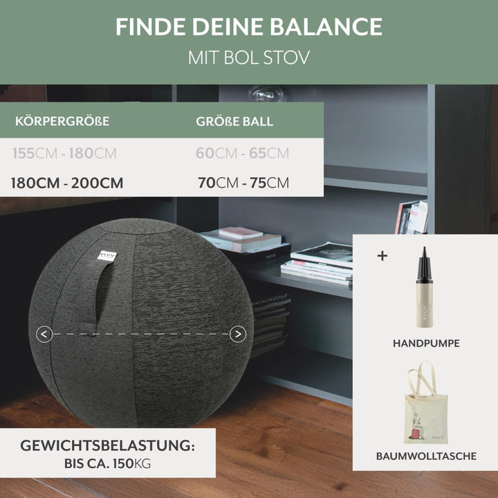 VLUV® BOL STOV Sitzball Büro Ergonomisch [Atmungsaktiv mit Tragegriff und Wegrollschutz] Waschbarer
